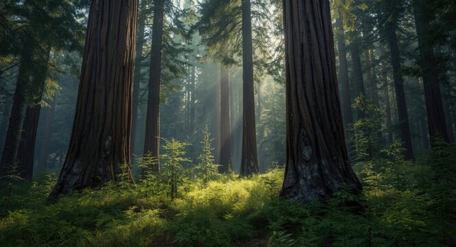 Dense forest setting with majestic towering Douglas Fir specimens