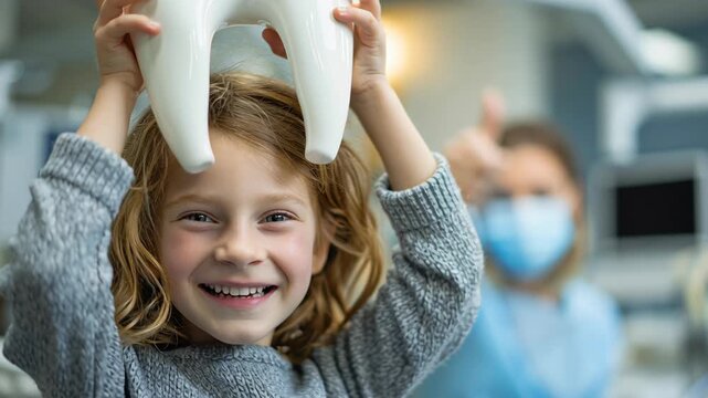 4k video of a happy child holding a white tooth in the dentist office.