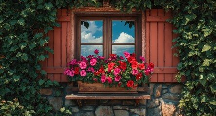 Rustic clay house window decorated with bright geraniums in charming rural setting
