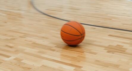 Obraz premium Official orange basketball spinning on well maintained hardwood basketball floor