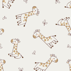 Seamless pattern with cute cartoon jungle giraffes, minimalist safari animal vector illustration for kids textile, baby wallpaper, nursery decor, surface design, playful and modern artwork © Galyna Fedorova