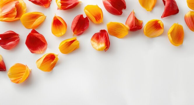 Mixed tulip petals in yellow and red tones over a bright textured backdrop with copy space