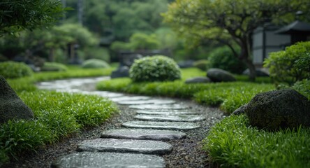 Obraz premium refreshing Japanese Zen garden pathway covered in moisture in the summer season