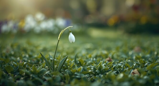 White snowdrop flower emerging in a thriving green garden of spring