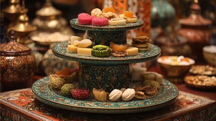 Fototapeta premium Assorted Eastern sweets displayed on a two-tiered stand with colorful pastries and traditional desserts in a festive arrangement 