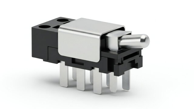 Miniature micro switch with metal toggle and black plastic base for circuit boards