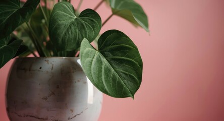 Velvet heart shaped leaves of tropical plant in gray pot with soft pastel pink background