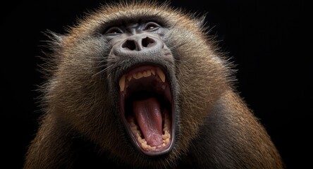 Obraz premium A baboon screams showing its sharp teeth in an intense close up