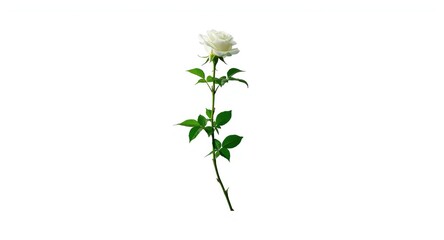 Pure white rose with long stem and green leaves on white background for floral design use