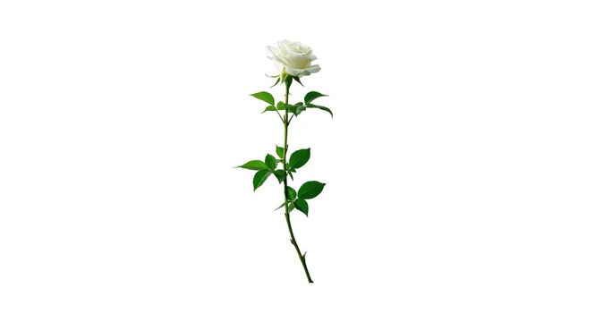 Pure white rose with long stem and green leaves on white background for floral design use