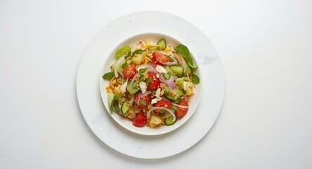 Refreshing vegetable salad combination served on minimal white background
