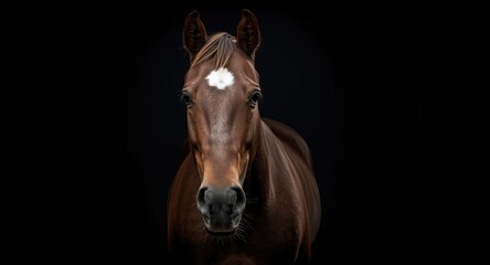 Obraz premium Detailed frontal studio portrait of brown horse featuring a clear white spot on face with black background