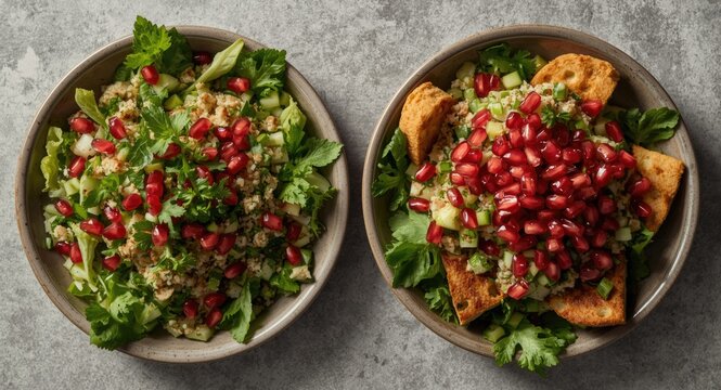 Aerial view of Lebanese fresh salad dishes with tabbouleh and fattoush garnished with pomegranate seeds