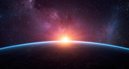 Fototapeta premium Bright sun rising over Earth against multicolored galaxy and stars