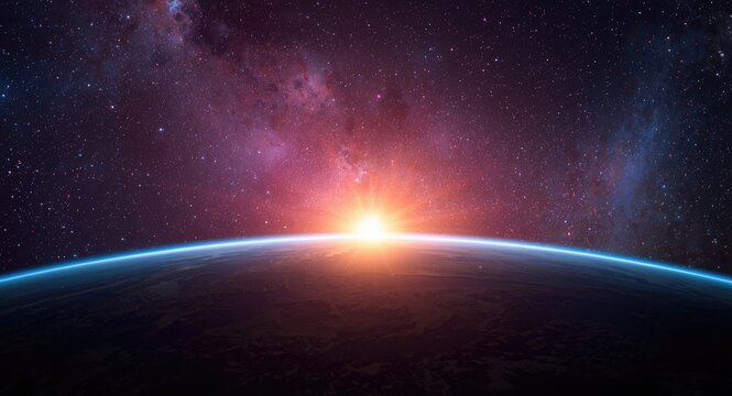 Bright sun rising over Earth against multicolored galaxy and stars