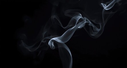 Fototapeta premium Ethereal white smoke curls floating on a rich black backdrop designed for photo manipulation with copy space