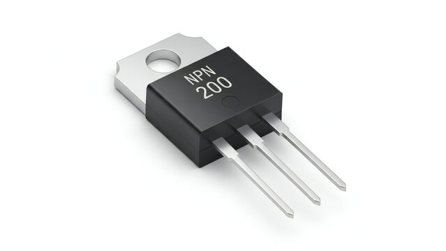 NPN 200 transistor in black plastic casing with three metal leads and mounting hole