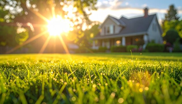 Bright morning sun shines over dew-kissed grass in front of a cozy suburban house