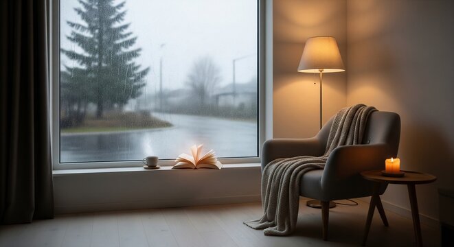 Rainy day indoors: Armchair and blanket by a window with raindrops, book and candle creating a hygge atmosphere.