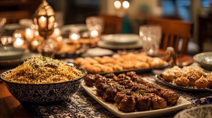 Obraz premium Family gathered around a festive Eid dinner table with biryani, kebabs, and traditional sweets under warm cozy lighting 