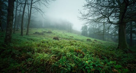Obraz premium Mystical spring hillside blanketed with fog, clouds, and rich green flora