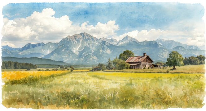 Original watercolor art capturing a rural scene with a home, lush fields, and towering mountains