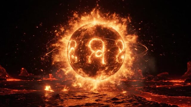 Glowing Virgo zodiac sign surrounded by flames and fire.