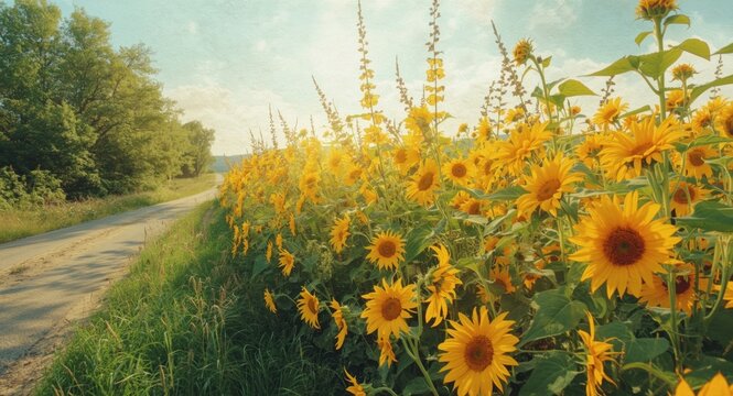 Hand drawn summer landscape painting with a vibrant sunflower patch and natural roadside greenery