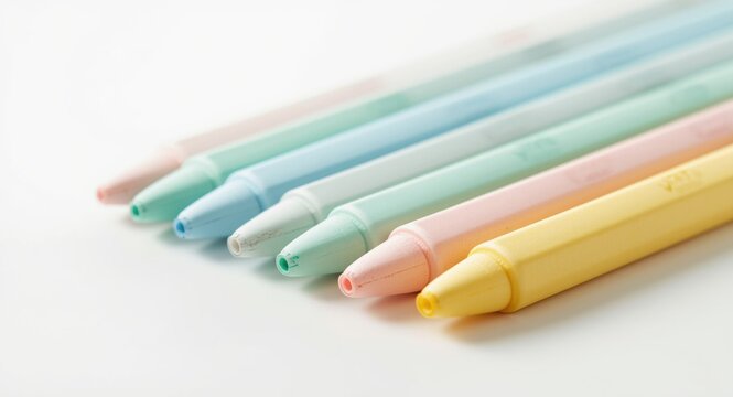 Pastel highlighters in diverse bright colors arranged from side view on white backdrop emphasizing form