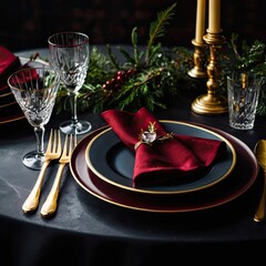 christmas table setting, Dark wooden table with gold cutlery, deep red napkins, crystal glasses, festive greenery, moody dramatic lighting
