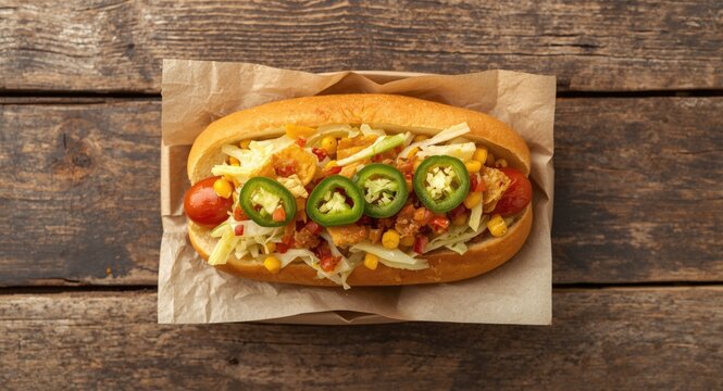 Spicy hot dog garnished with crunchy cabbage, sweet corn, jalapenos, and nacho toppings, top down view with space for text