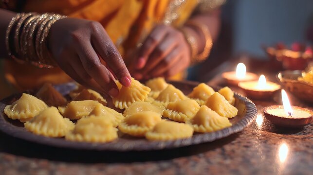 Smiling Indian woman holding traditional Diwali sweets gujiya peda and barfi celebrating festive joy during Navratri Dussehra Holi Ganesh Chaturthi Ram Navami and Durga Ashtami in Mumbai India

