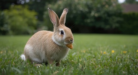 Obraz premium Happy bunny pet munching fried chicken on lush green summer lawn in full length