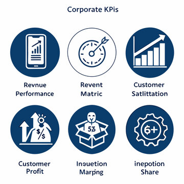 Corporate K P I grid set of 6 blue and white on white background business