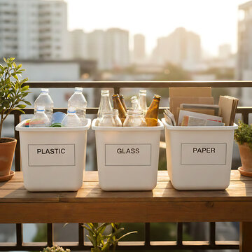 Waste separation bins for plastic, glass, and paper on a balcony with city background.