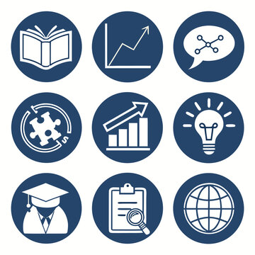 Corporate knowledge hub with book graph puzzle graduation cap blue white business