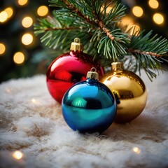 christmas tree decorations, Top view of colorful Christmas baubles arranged on white wooden background with pine branches and fairy lights, bright natural lighting