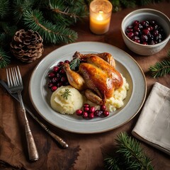 roasted chicken with vegetables, Flat lay of holiday dinner with roasted chicken, mashed potatoes, fresh bread, cranberries, pine branches, natural warm tones