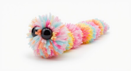 Lively handmade worm toy with fun eyes and soft pom pom body displayed on white background