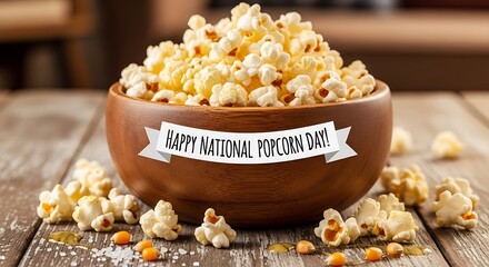 Wooden bowl overflowing with popcorn on rustic table for national popcorn day