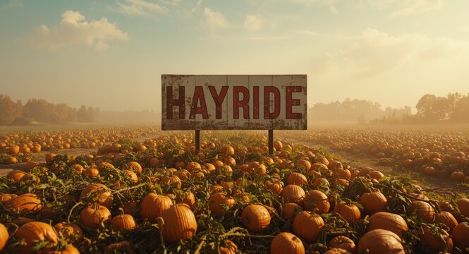 Large hayride sign standing in the middle of a harvested pumpkin patch