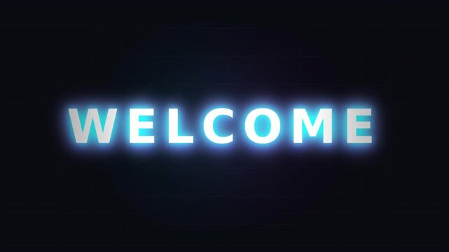 Glowing neon-blue 'WELCOME' text beams softly on a dark, hazy, cinematic backdrop, with depth. glow