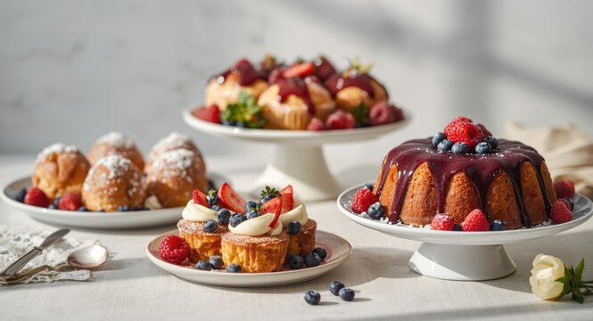 Easter dessert plates filled with sugared cruffins and colorful berry topped panettones