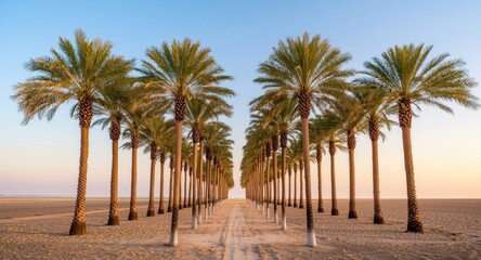 Symmetrical Rows of Palm Trees Standing Tall Along a Calm Sunny Horizon