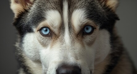 Obraz premium Intense macro shot of a Siberian Husky emphasizing vivid blue eyes and textured fur