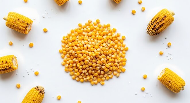 Golden corn kernels and corn cobs on white background food ingredients for cooking and nutrition