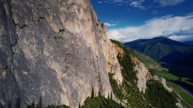 Aerial top view Landscape Altai mountains white rock with green forest and winding river, summer.