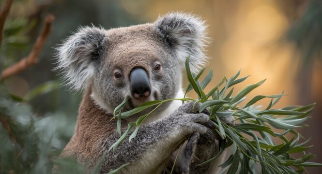 A content koala feeding on fresh eucalyptus leaves in a zoo habitat with a gentle fuzzy background
