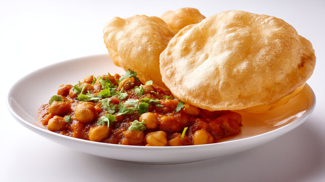A plate of delicious chole bhature on a white background
