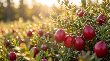 Gros plan de canneberges m&ucirc;res sur pied dans un champ baign&eacute; par la lumi&egrave;re du soleil couchant